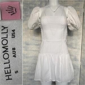 Hello Molly Small White‎ Puff Sleeve Square Neck Mini Dress A Line Ruffle